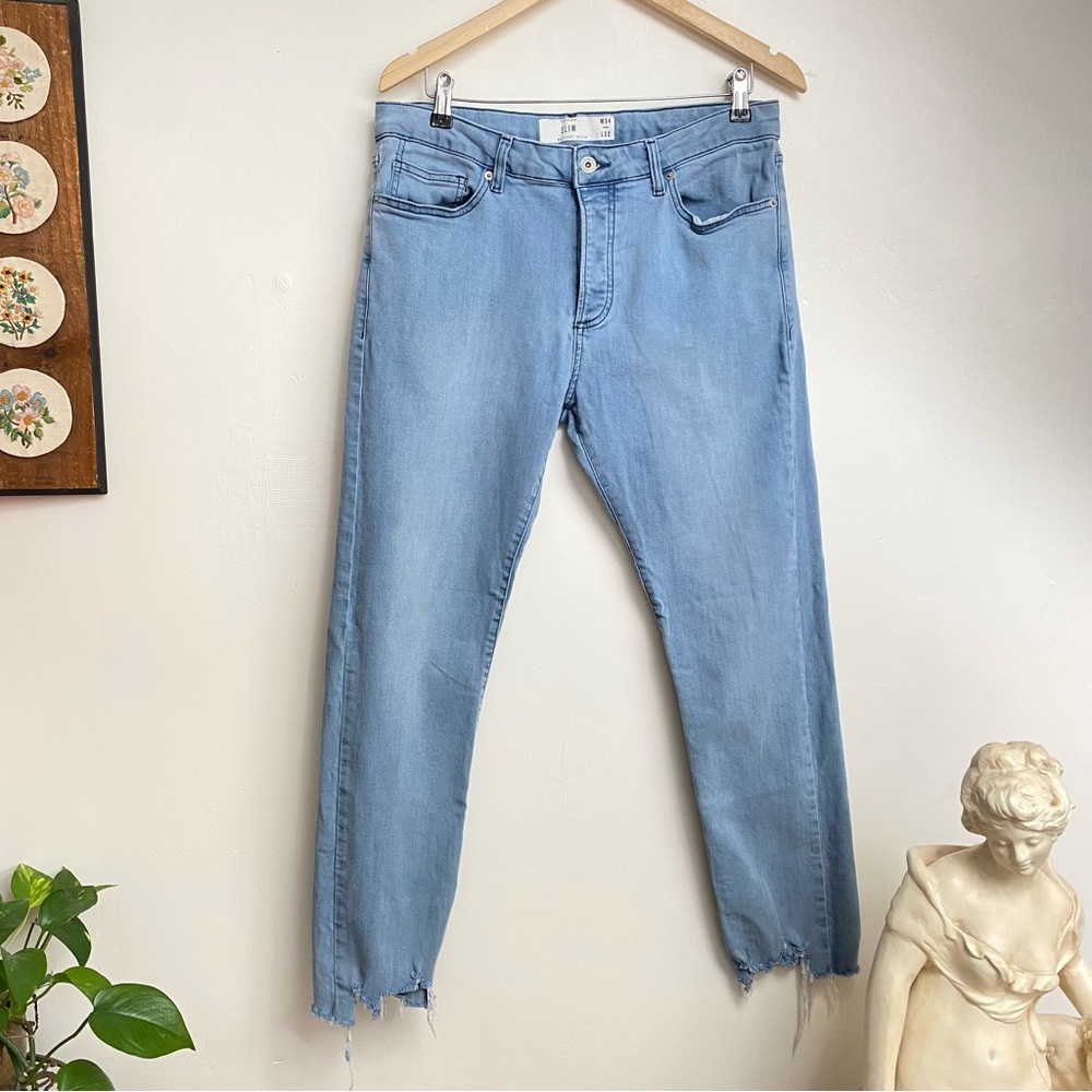 Topman Button Fly Slim Raw Hem Lightwash Blue Denim Jeans